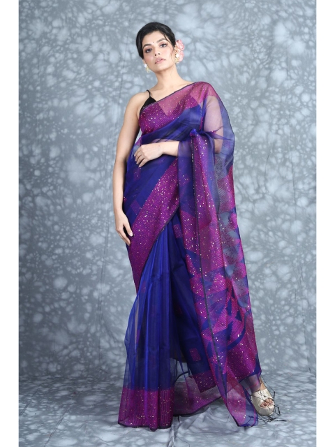 

Charukriti Blue & Magenta Pure Silk Sequinned Border Saree