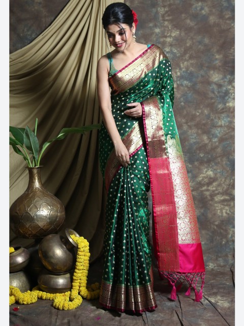 

Charukriti Green & Pink Ethnic Motifs Zari Pure Silk Banarasi Saree