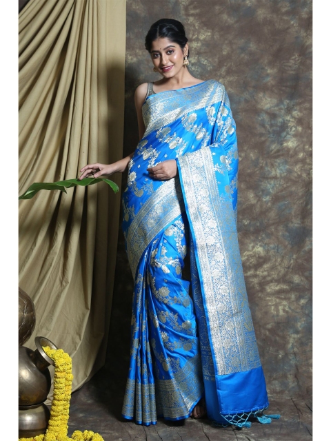 

Charukriti Blue & Silver-Toned Floral Pure Silk Banarasi Saree