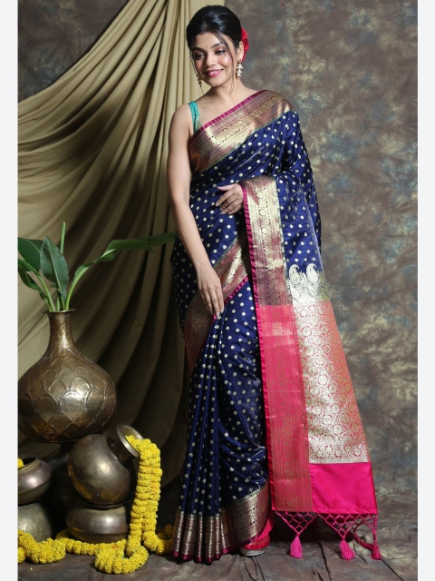 

Charukriti Navy Blue & Magenta Ethnic Motifs Zari Pure Silk Banarasi Saree