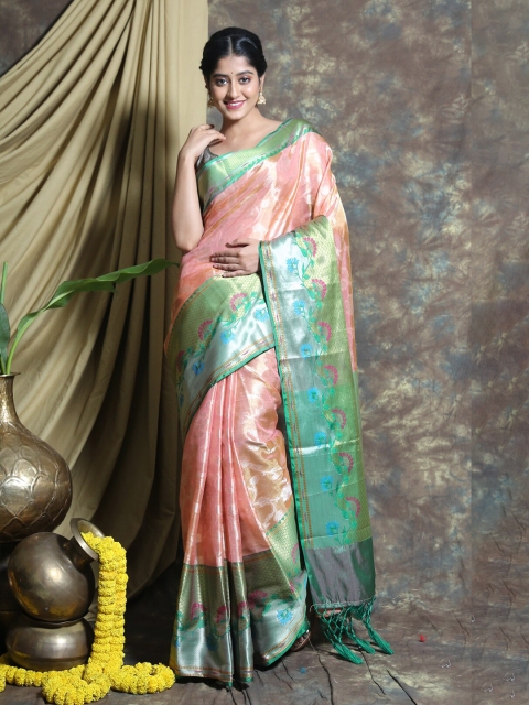 

Charukriti Pink & Green Woven Design Pure Silk Saree