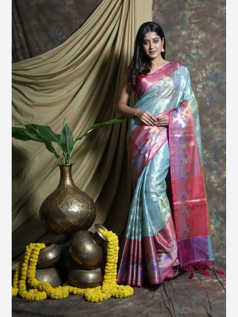 

Charukriti Blue & Pink Woven Design Zari Tissue Saree