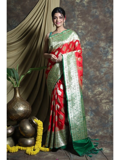 

Charukriti Red & Green Silver-Toned Woven Design Pure Silk Saree