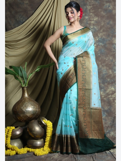 

Charukriti Turquoise Blue & Green Woven Design Organza Saree