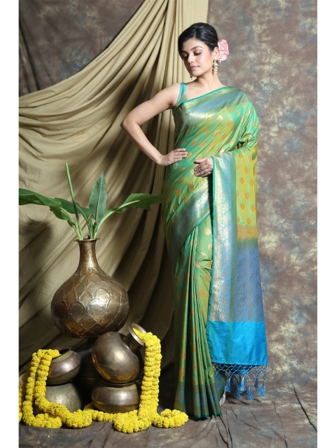 

Charukriti Green & Blue Ethnic Motifs Zari Pure Silk Banarasi Saree