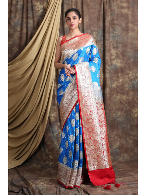

Charukriti Blue & Red Ethnic Motifs Zari Pure Silk Banarasi Saree