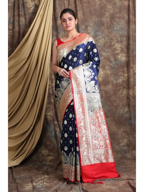 

Charukriti Navy Blue & Red Gold-Toned Woven Design Pure Silk Banarasi Saree