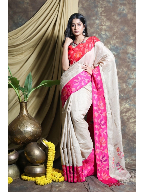 

Charukriti White & Pink Ethnic Motifs Zari Pure Silk Saree