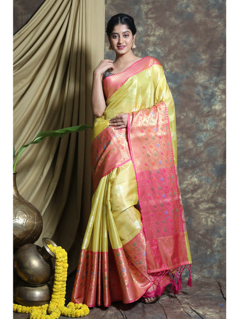 

Charukriti Yellow & Pink Woven Design Tissue Handloom Saree