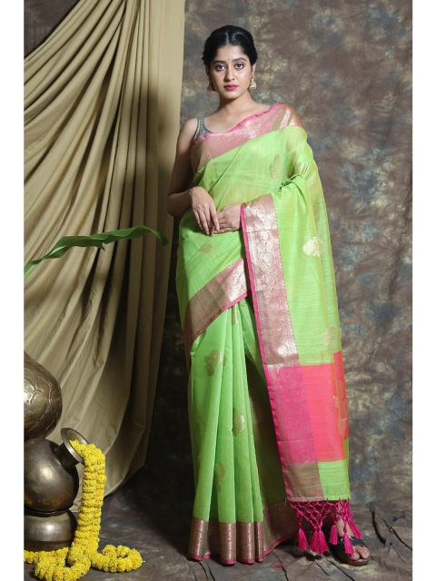 

Charukriti Green & Pink Woven Design Pure Silk Saree