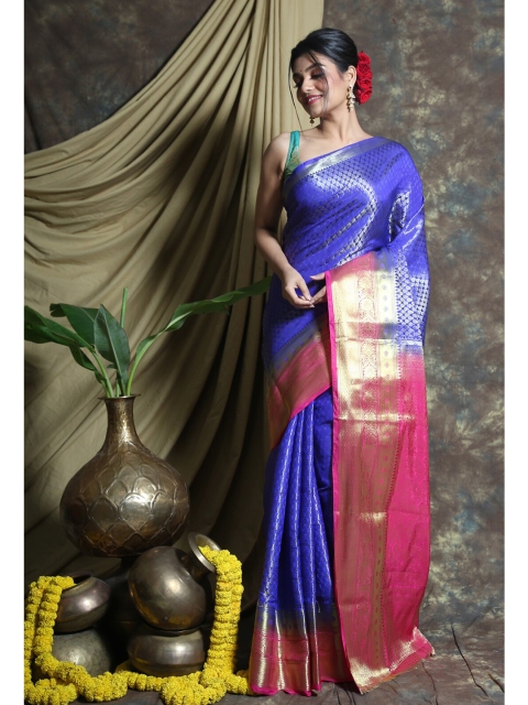 

Charukriti Blue & Pink Woven Design Pure Silk Saree