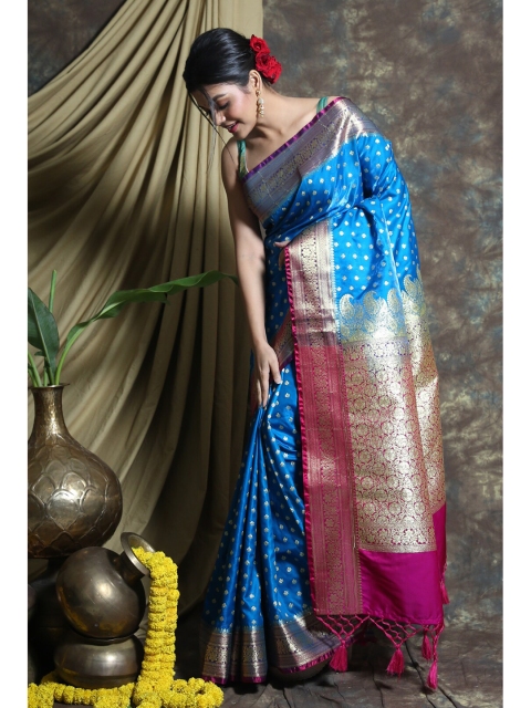 

Charukriti Blue & Magenta Woven Design Zari Pure Silk Saree