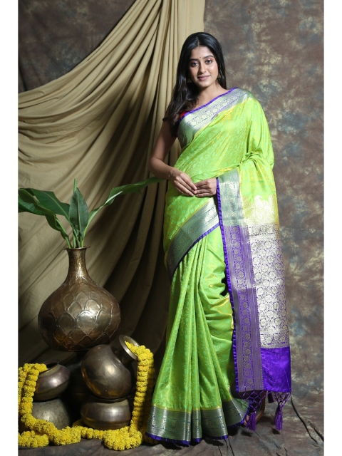 

Charukriti Green & Blue Floral Zari Pure Silk Banarasi Saree