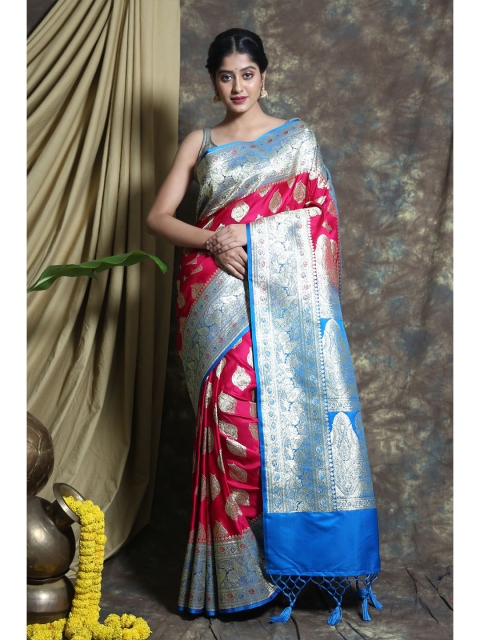 

Charukriti Pink & Blue Ethnic Motifs Zari Pure Silk Banarasi Saree