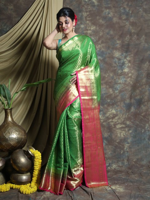 

Charukriti Green & Pink Gold-Toned Abstract Woven Design Pure Silk Banarasi Saree