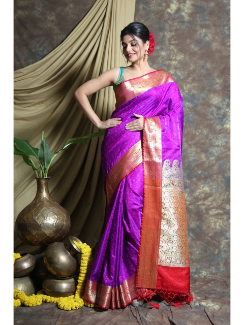 

Charukriti Purple & Red Woven Design Zari Pure Silk Saree