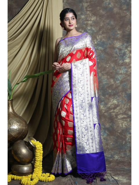

Charukriti Red & Blue Ethnic Motifs Zari Pure Silk Banarasi Saree