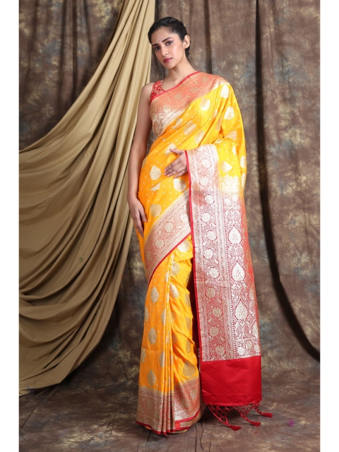 

Charukriti Yellow & Red Silver-Toned Ethnic Woven Design Pure Silk Banarasi Saree