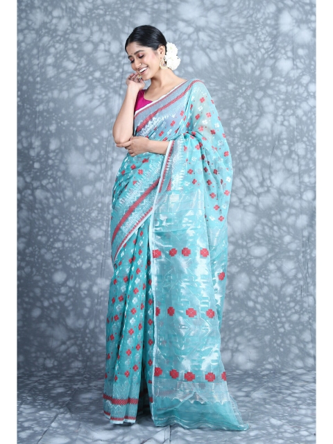 

Charukriti Blue & Pink Woven Design Zari Silk Cotton Jamdani Saree
