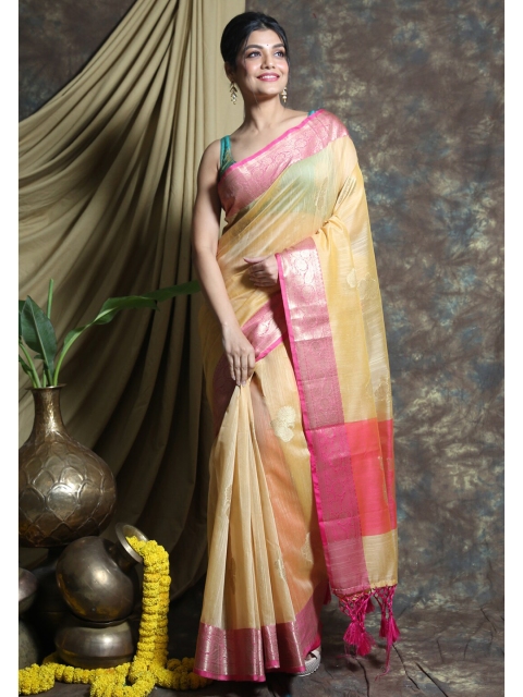 

Charukriti Yellow & Pink Ethnic Motifs Zari Pure Silk Saree