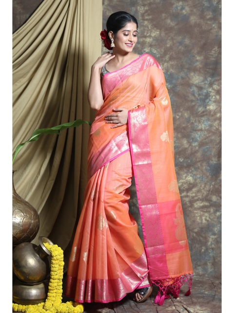 

Charukriti Orange & Pink Woven Design Pure Silk Saree