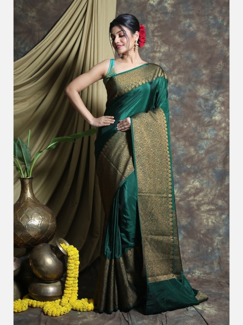 

Charukriti Green & Gold-Toned Woven Design Pure Silk Handloom Saree