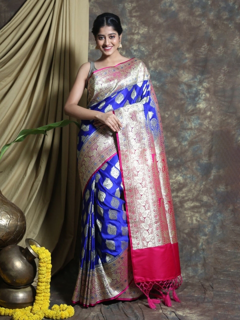 

Charukriti Blue & Pink Ethnic Motifs Pure Silk Banarasi Saree