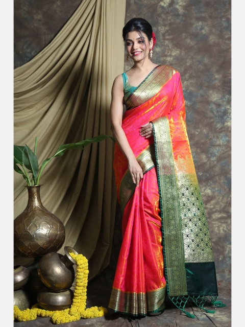 

Charukriti Pink & Green Ethnic Motifs Zari Pure Silk Saree