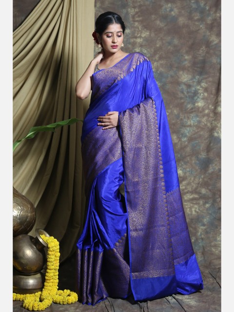 

Charukriti Blue & Gold-Toned Zari Pure Silk Saree
