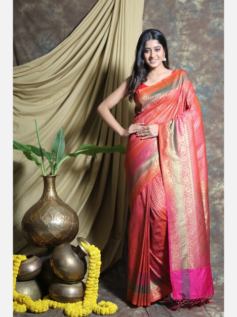 

Charukriti Red & Pink Gold-Toned Abstract Woven Design Pure Silk Banarasi Saree
