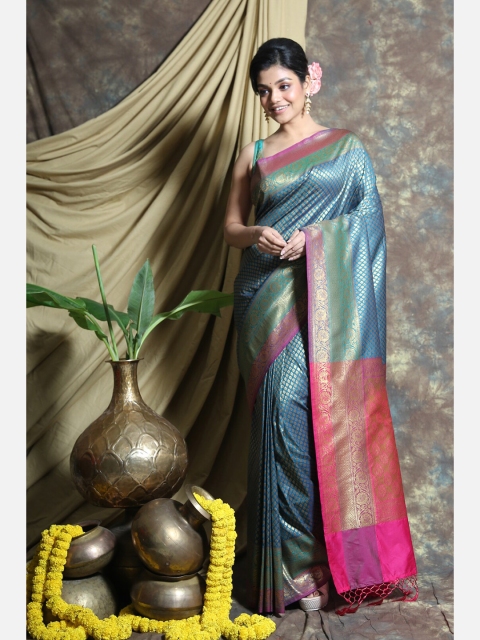 

Charukriti Blue & Fuchsia Woven Design Zari Pure Silk Katan Banarasi Saree