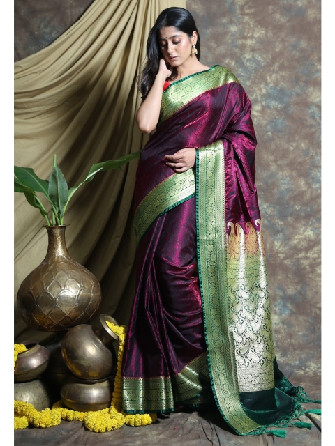 

Charukriti Burgundy & Gold-Toned Ethnic Motifs Pure Silk Saree
