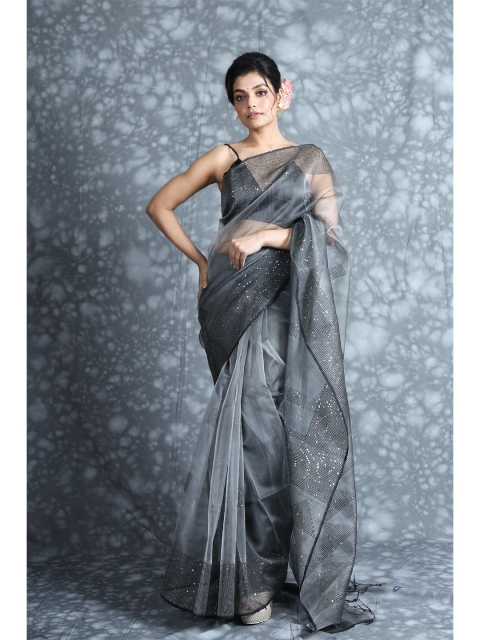 

Charukriti Grey Embellished Pure Silk Saree
