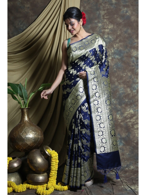 

Charukriti Blue & Silver-Toned Ethnic Motifs Zari Pure Silk Saree