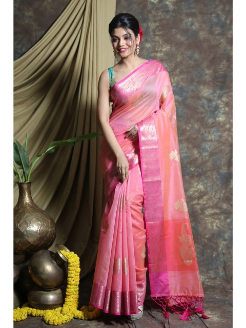 

Charukriti Pink & Gold-Toned Abstract Woven Design Pure Silk Saree