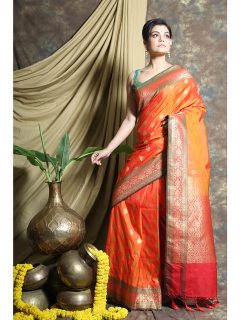 

Charukriti Orange & Gold-Toned Woven Design Pure Silk Saree
