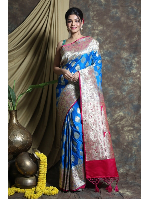 

Charukriti Blue & Pink Ethnic Motifs Zari Pure Silk Banarasi Saree