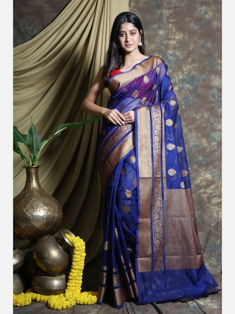 

Charukriti Blue & Gold-Toned Ethnic Motifs Organza Saree