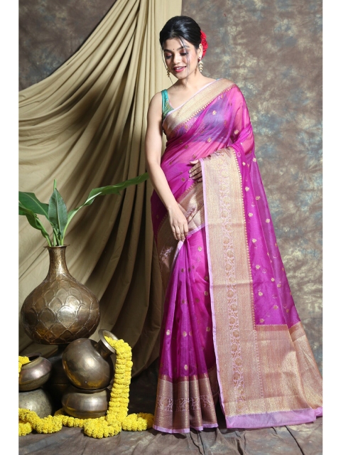 

Charukriti Pink & Gold-Toned Woven Design Zari Organza Saree