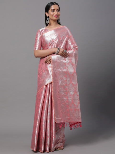 

Mitera Pink & Silver-Toned Ethnic Motifs Zari Silk Blend Kanjeevaram Saree