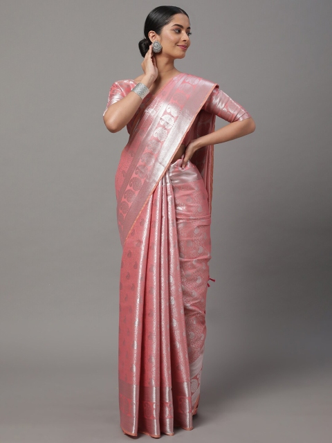 

Mitera Pink & Silver-Toned Ethnic Motifs Zari Silk Blend Kanjeevaram Saree