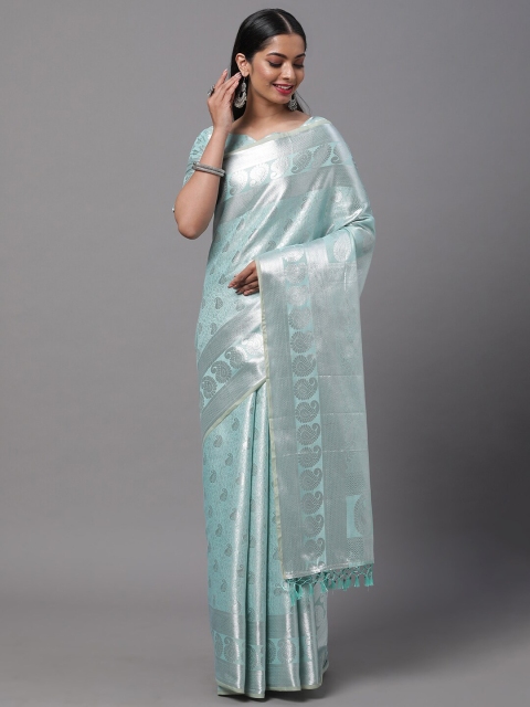 

Mitera Turquoise Blue & Silver-Toned Paisley Zari Silk Blend Kanjeevaram Saree