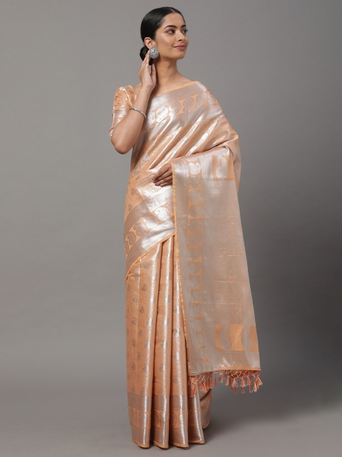 

Mitera Peach & Silver-Toned Ethnic Motifs Woven Design Kanjeevaram Saree