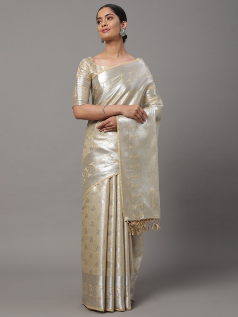 

Mitera Cream-Coloured & Silver-Toned Ethnic Motifs Zari Silk Blend Kanjeevaram Saree