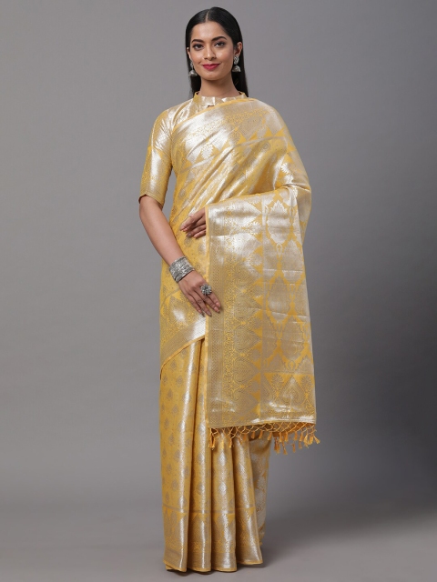 

Mitera Yellow & Gold-Toned Woven Design Silk Blend Kanjeevaram Saree