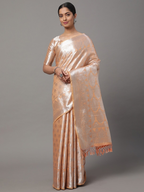 

Mitera Peach-Coloured & Silver-Toned Ethnic Motifs Zari Silk Blend Kanjeevaram Saree