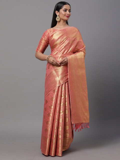 

Mitera Pink & Gold-Toned Ethnic Motifs Zari Silk Blend Kanjeevaram Saree