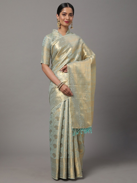 

Mitera Turquoise Blue & Gold-Toned Ethnic Motifs Zari Silk Blend Kanjeevaram Saree
