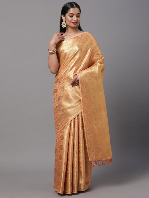 

Mitera Peach-Coloured & Gold-Toned Ethnic Motifs Silk Blend Kanjeevaram Saree