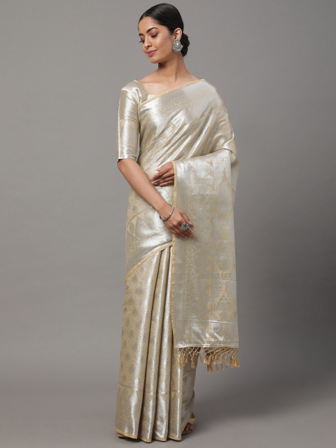 

Mitera Cream-Coloured & Silver-Toned Ethnic Motifs Zari Silk Blend Kanjeevaram Saree